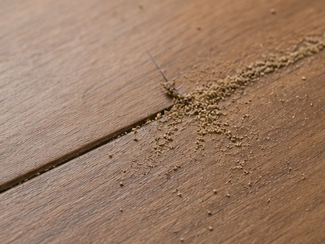 住家木地板接縫出現白蟻粉末與細微蟻道痕跡